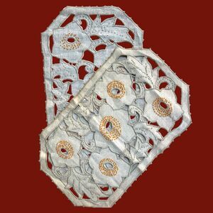 Mid Century Hand Cut Embroidered Tan Floral Dresser Vanity Runner Scarves Set 2